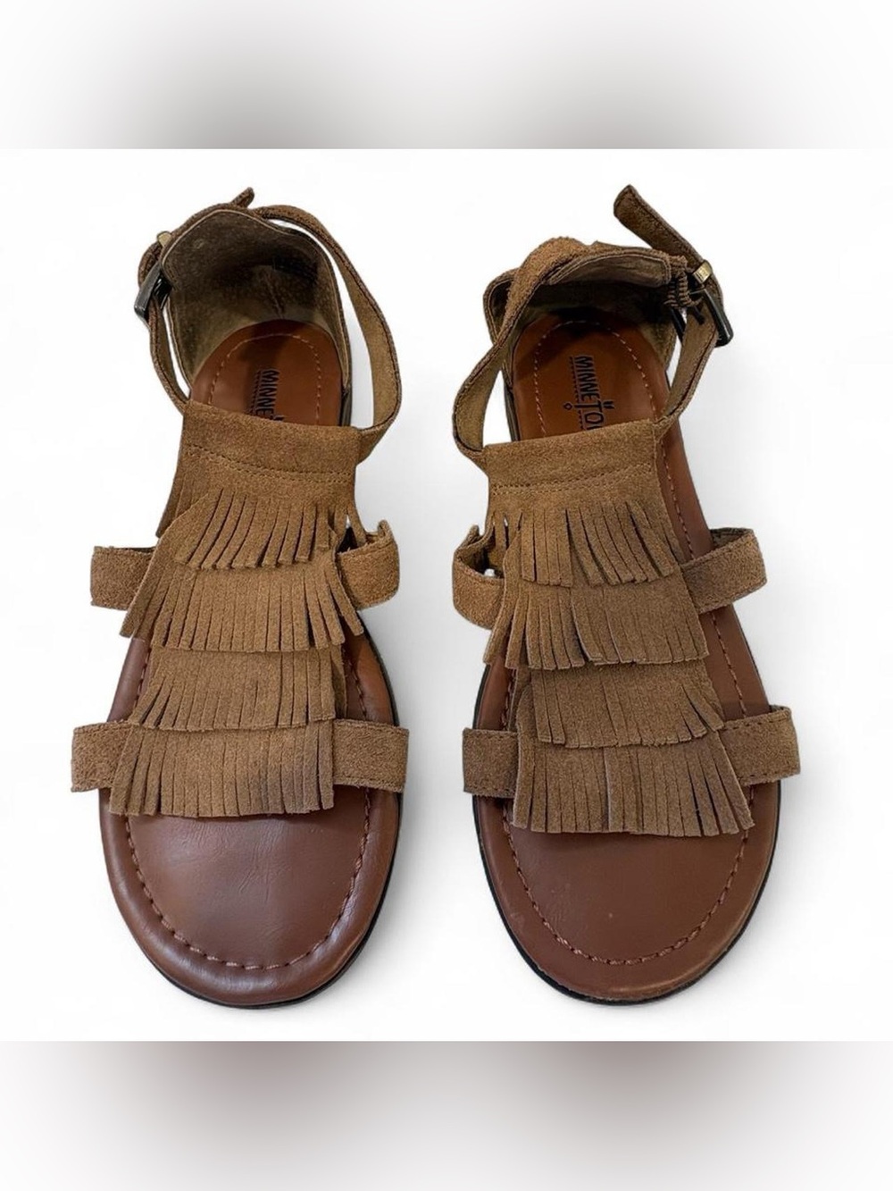 Minnetonka Suede Fringe Sandals with Buckle Detail!